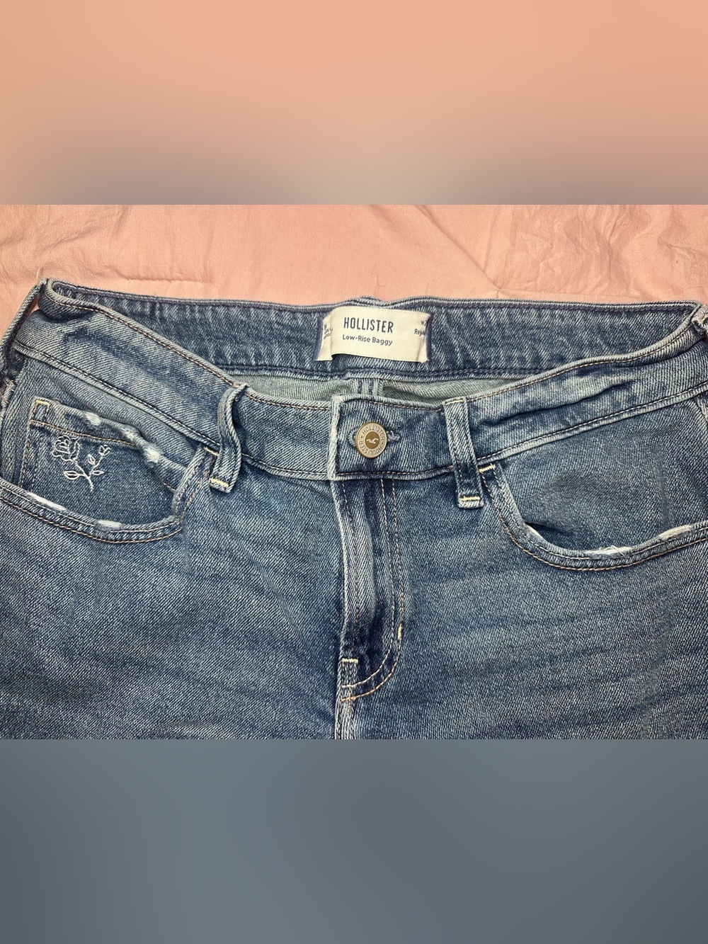 Hollister Women's Boyfriend Low-Rise Jeans - Light Blue with floral embroidery